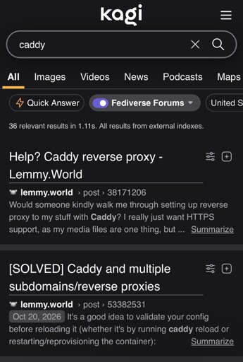 Screenshot showing Kagi with Fediverse Forums search toggle